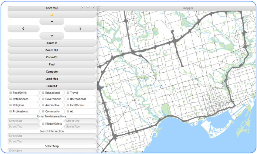 GIS navigation application showing a routable street map of Toronto alongside the control panel with search, zoom, and category filters